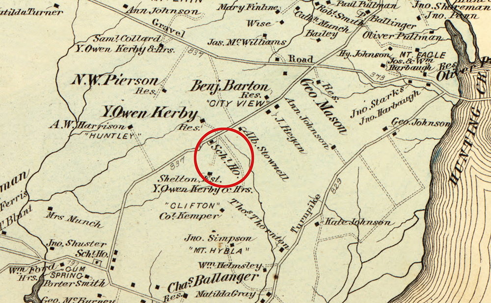 Detail of a map showing the location of the first schoolhouse. The schoolhouse location has been circled in red. The map shows the names of many people living in the vicinity and the location of their homes, some of which have been given names such as Mount Hybla, Clifton, Huntley, and City View. Old roads that will later become South Kings Highway, Route 1, and Fort Hunt Road are pictured.