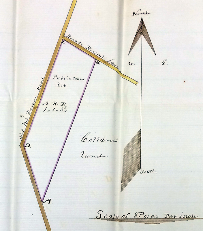 Photograph of a hand-drawn plat made by the surveyor of the schoolhouse lot. The survey shows the Old Mount Vernon Road and the road to Risley’s farm. A large arrow points north. The school lot has been outlined in purple, at the corner of the intersection of the two roads, with corresponding points on the lot corners labeled A, B, C, and D. The total area of the lot is recorded as one acre, one rood, and three and three quarter poles. 