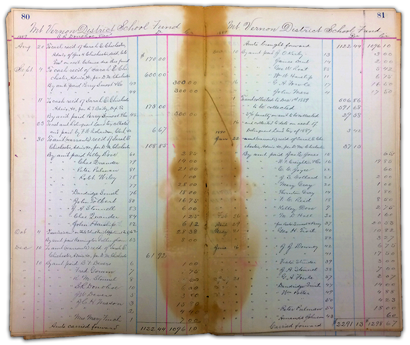 Photograph of an old financial ledger. The paper has faded to a light brown. The margins are printed in red ink and the handwritten notes are written in black ink. The center of the ledger has severe water damage and the paper here is stained dark brown. The ledger contains financial records of disbursements of funds from the Mount Vernon District School Trustees to various parties for goods and services.