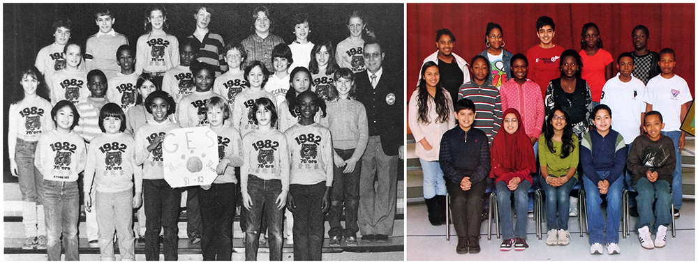 Two photographs, side-by-side, from Groveton Elementary School yearbooks of the group known as the seventy-sixers. The photograph on the left, in black and white, is from the 1981 to 1982 yearbook. The photograph on the right, in color, is from the 2009 to 2010 yearbook. 26 children and Principal Zepka are pictured in 1982. They are all wearing t-shirts that have an illustration of a tiger in the center. The number 1982 is above the tiger, and the names of the children who are seventy-sixers are printed below it. The children in the 2010 photograph are wearing their normal everyday clothing. 16 children are pictured.
