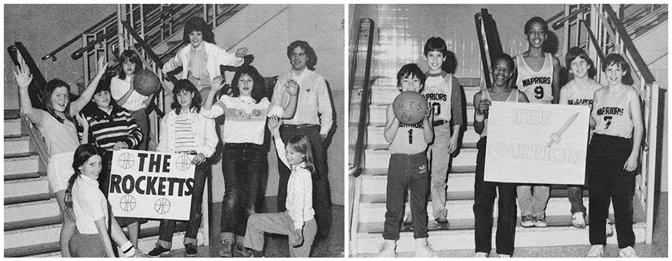 Black and white photographs of two of Groveton Elementary School's after-school basketball teams from the 1983 to 1984 yearbook. On the left is a photograph of the Rocketts, an all-girls team, comprised of eight girls. On the right is a photograph of the Warriors, an all-boys team, comprised of six boys. The students are posed in a stairwell. In each picture one student is holding a basketball and another is holding up a sign with the team's name on it.