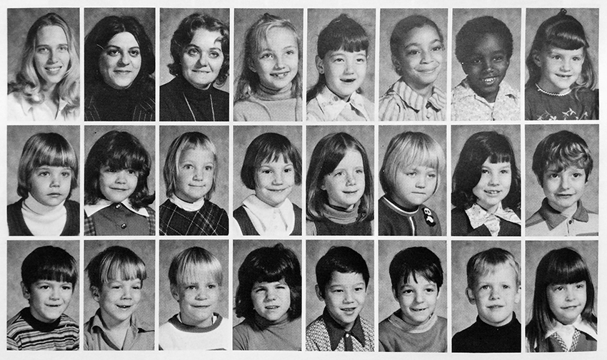 Black and white photograph from Groveton Elementary School's 1972 to 1973 yearbook showing some of the students and teachers in the Washington Pod. The pictures are all head-and-shoulders portraits and none of the individuals are named. 21 children and three adults are pictured.