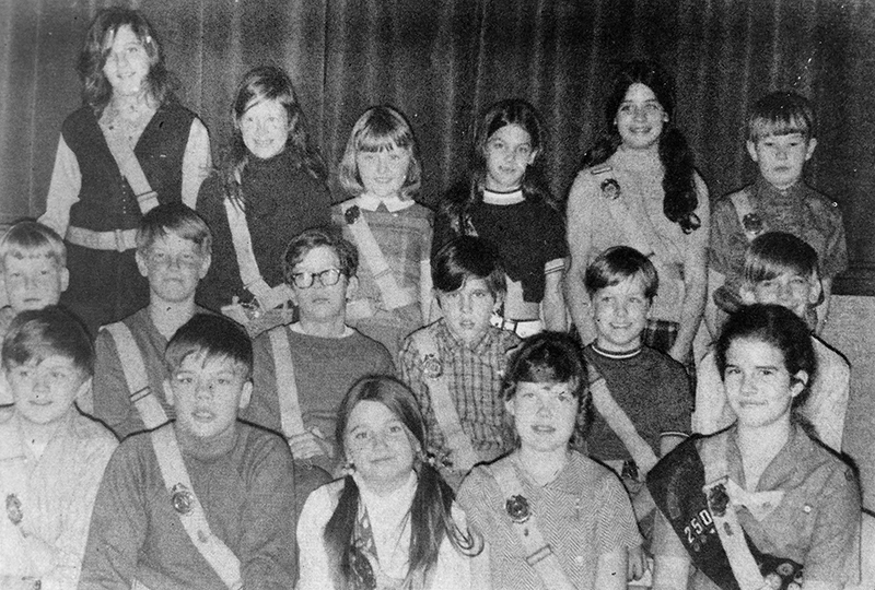 Black and white photograph from the 1971 to 1972 Groveton Elementary School yearbook showing the school's Safety Patrol Officers. 17 children are pictured, arranged in three rows. 