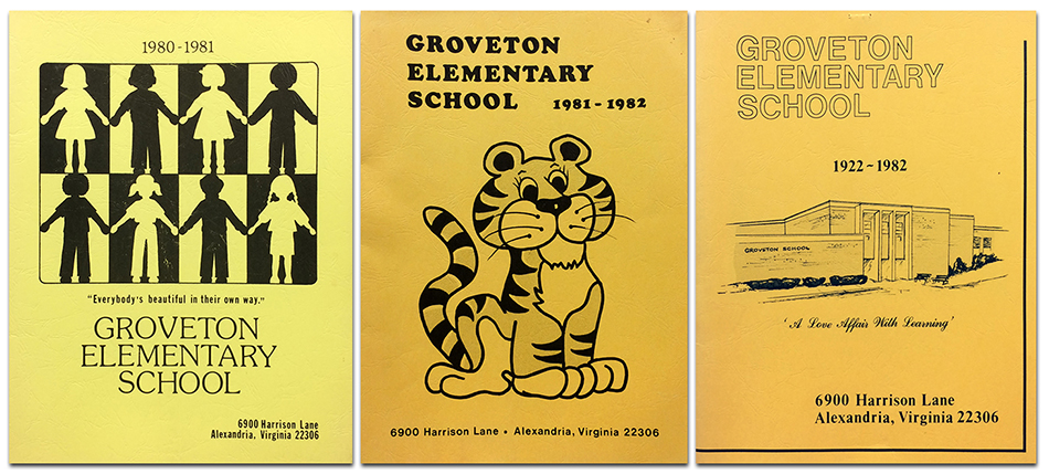 Photograph showing the covers of three Groveton Elementary School yearbooks. On the left is the cover of the 1980 to 1981 yearbook. In the center is the cover of the 1981 to 1982 yearbook. On the right is the cover of the 1982 to 1983 yearbook. The 1981 yearbook cover is yellow and has an illustration of children at the top center. The illustration is a simple black and white design where alternating silhouettes of boys and girls hold hands. A caption reads: Everybody's beautiful in their own way. The 1982 yearbook cover is orange in color and features an illustration of Groveton's tiger cub mascot. The 1983 yearbook cover is orange in color and has a black and white illustration of the school building's main entrance.