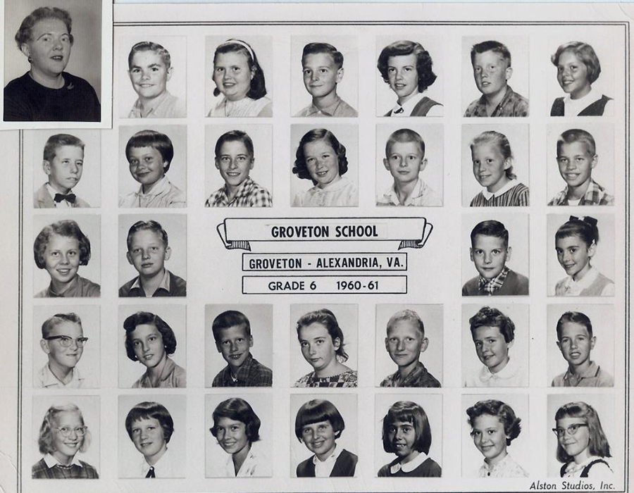 Black and white photograph of Ms. Cushwa’s sixth grade class during the 1960 to 1961 school year. The picture is an arrangement of head and shoulders portraits of the students into five rows and seven columns. 31 students are shown. Ms. Cushwa’s picture is at top left. 