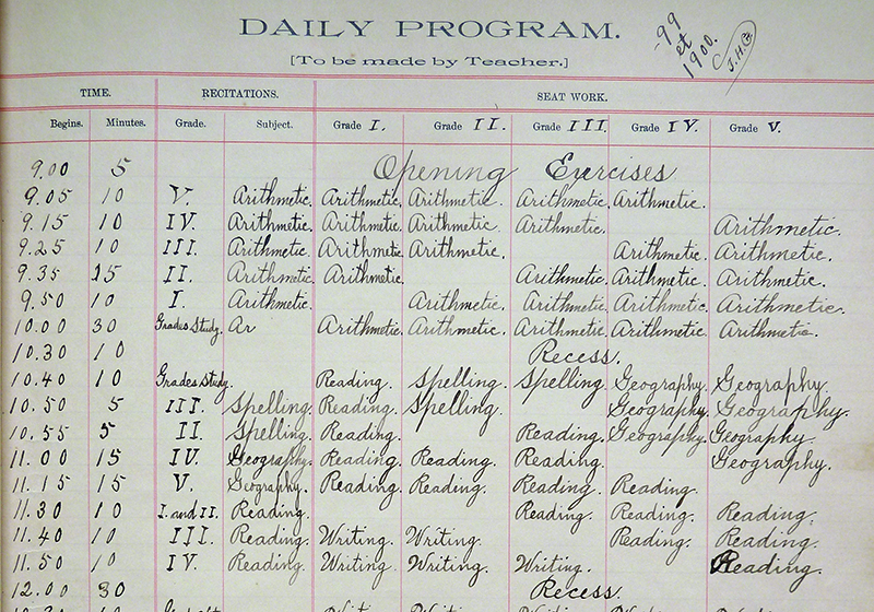 Photograph of a Daily Program of Studies made by the teacher of the Popes Head School during the 1899 to 1900 school year. The time of day is recorded on the left, with lessons conducted in 5, 10, or 15 minute sessions. Students began their day at 9:00 a.m. with opening exercises, then progressed to arithmetic, reading, writing, spelling, grammar, history, and geography. There were two recess periods, lasting 30 minutes each, at 10:30 a.m. and 12:00 p.m. The students were dismissed at 3:30 p.m.  
