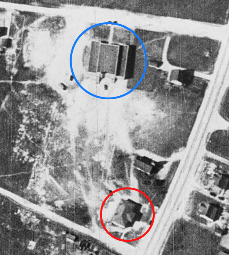 Black and white aerial photograph of Groveton Elementary School. The new brick school and the old two-room school have been highlighted as described below.