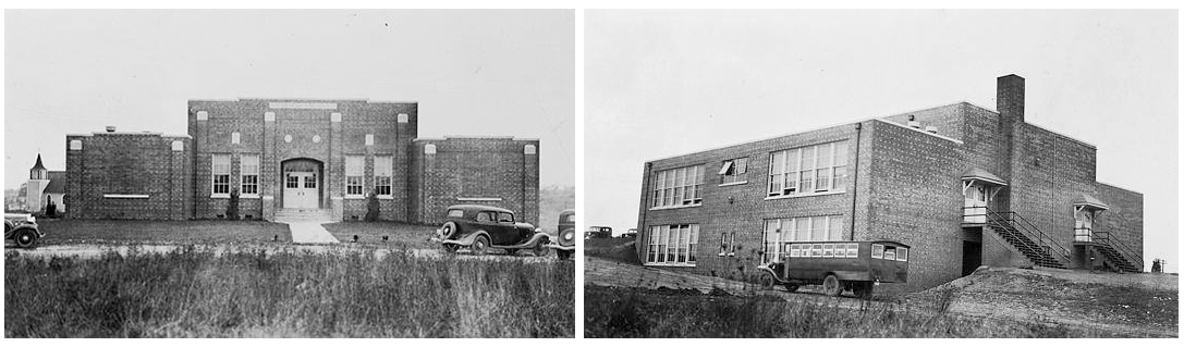 Two black and white photographs of Groveton Elementary School, constructed in 1933. The pictures are believed to have been taken in the mid-1930s. On the left is a view of the front of the building and on the right is a view of the rear of the building. The school is built on a hillside and is one-story tall on the east side of the building and two stories tall on the west side of the building, with an auditorium in the center. Groveton Episcopal Chapel is visible behind the building in the photograph on the left. A school bus is parked behind the building in the photograph on the right.  